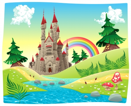 Panorama with castle. Cartoon and vector illustration.のイラスト素材