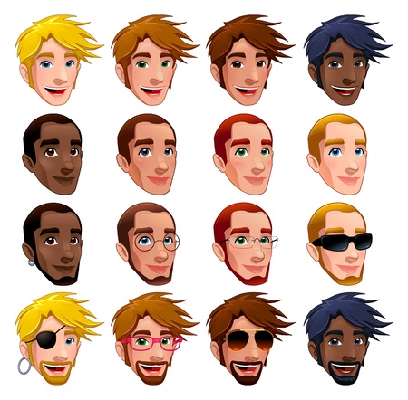 Male faces, isolated characters. Glasses, sunglasses and earrings are isolated and interchangeable. のイラスト素材