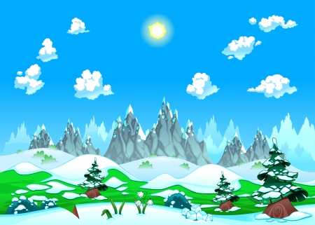 Landscape with snow and mountains. Vector illustration. The sides repeat seamlessly for a possible, continuous animation.のイラスト素材
