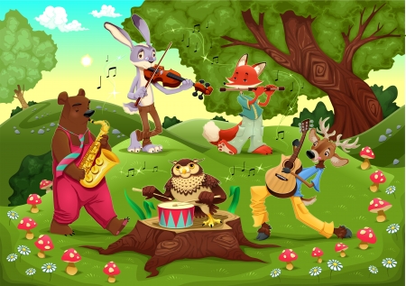 Musicians animals in the wood. Cartoon and illustration.のイラスト素材