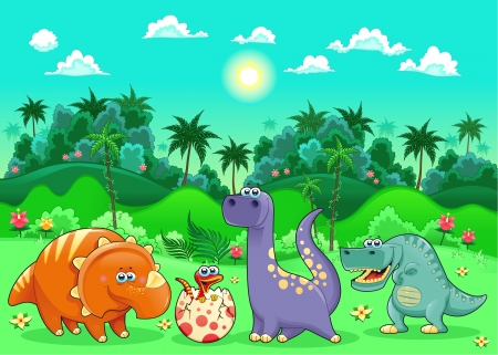 Funny dinosaurs in the forest. Cartoon and vector illustrationのイラスト素材