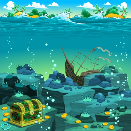 Seascape with treasure and galleon. のイラスト素材