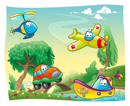 Funny vehicles in the countryside. Cartoon and vector illustration.のイラスト素材