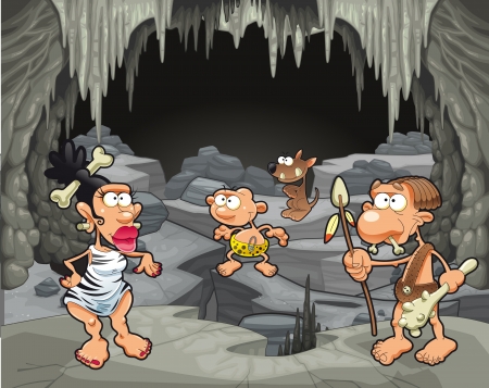 Funny prehistoric family in the cavern. Cartoon and vector illustrationのイラスト素材