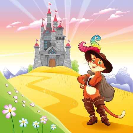 Puss in boots and background. Cartoon character, vector illustration.
のイラスト素材
