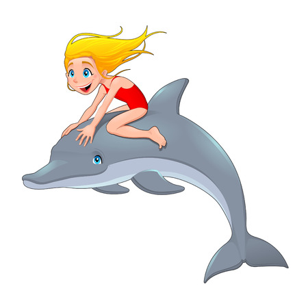 Girl and the dolphin. Cartoon vector illustration, isolated objectsのイラスト素材