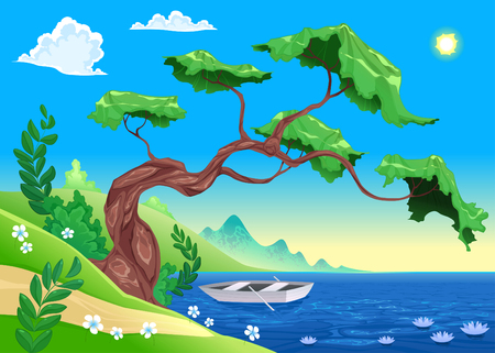 Romantic landscape with tree and water. Vector illustrationのイラスト素材