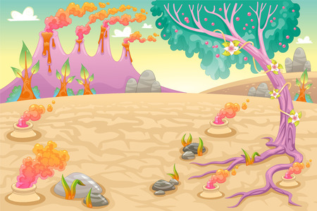 Funny prehistoric landscape. Vector and cartoon illustration.のイラスト素材