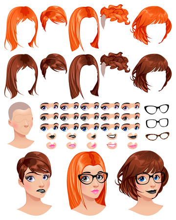 Fashion female avatars. 5 hairstyles in 2 colors, 5 eyes in 3 colors, 5 mouths in 2 colors, 3 glasses, 1 head, for multiple combinations. Some previews on the bottom. Vector file, isolated objects.のイラスト素材