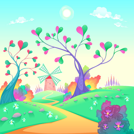 Springy landscape with windmill. Funny cartoon and vector illustration.のイラスト素材