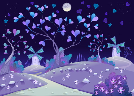 Nightly springy landscape with windmills. Funny cartoon and vector illustration.のイラスト素材