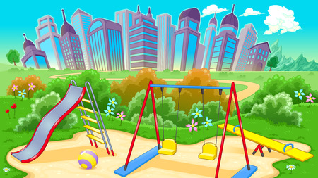 View on the playground with city. Vector cartoon illustrationのイラスト素材