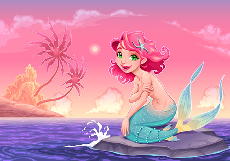 Young mermaid near the shore. Vector cartoon illustrationのイラスト素材