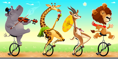 Funny wild animals on unicyclesのイラスト素材