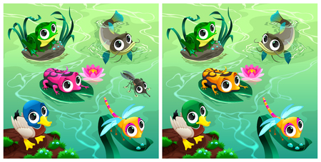 Spot the differences. Two images with six changes between them, and cartoon illustrations.のイラスト素材
