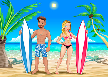 Two surfers on the beach. Vector cartoon illustrationのイラスト素材