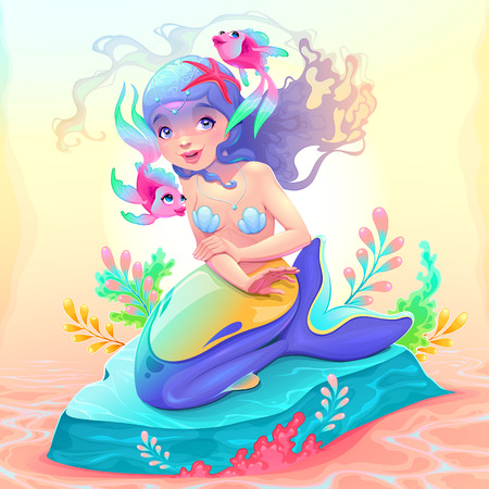 Young mermaid with a couple of fish around her. Cartoon vector illustrationのイラスト素材