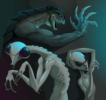 Three types of aliens: reptilian, grey and insectoid. Vector illustrationのイラスト素材