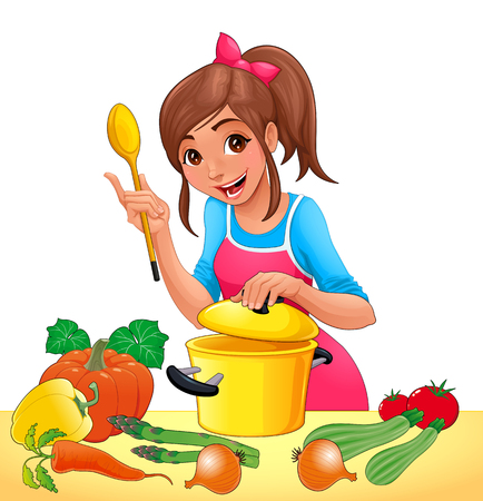 Girl with is cooking with several vegetables. Vector illustration with transparent background on the eps file.のイラスト素材
