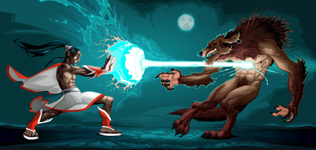 Fighting scene between elf and werewolf. Fantasy vector illustrationのイラスト素材