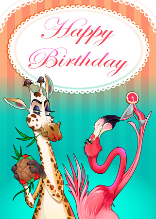 Happy Birthday card with funny animals. Vector cartoon illustrationのイラスト素材
