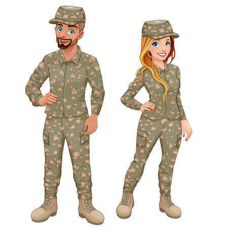Couple of male and female soldiers. Vector isolated characters.のイラスト素材