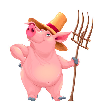 Farmer pig with tool. Funny cartoon vector character.のイラスト素材