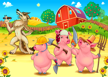 Three little pigs and bad wolf. Cartoon vector fairytale illustration.のイラスト素材