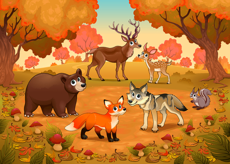 Funny animals in the wood. Vector cartoon illustrationのイラスト素材