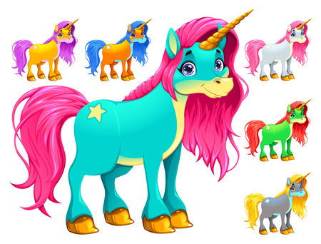 Set of cartoon unicorns. Vector cartoon isolated characters.のイラスト素材