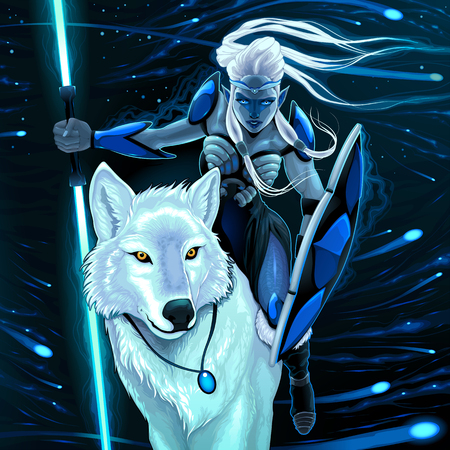 Elf with white wolf. Vector fantasy illustrationのイラスト素材