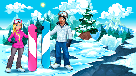 Snowboarders boy and girl on the mountain. Vector illustrationのイラスト素材