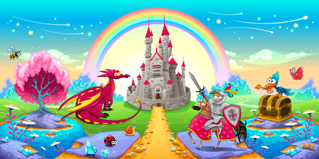 Landscape of dreams with dragon and knight.のイラスト素材