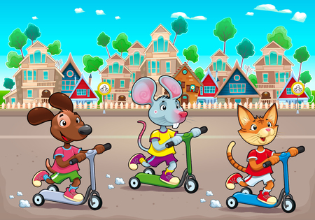 Funny pets are riding scootertoys in the town. Vector cartoon illustration, the background can repeats seamlessly.のイラスト素材