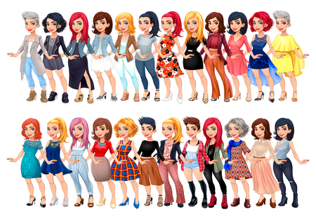 Varied female fashion avatar. Vector cartoon characters with different dresses, shoes and hairstyles. They are all interchangeable.のイラスト素材