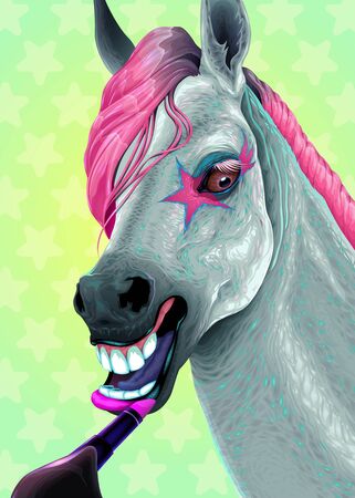 Horse is applying the lipstick on her lips. Vector illustration.のイラスト素材