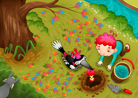 Woodpecker and the boy are seeding an apple seed. Funny cartoon vector illustration for children in a top view countryside scene with tree, meadow and river.のイラスト素材