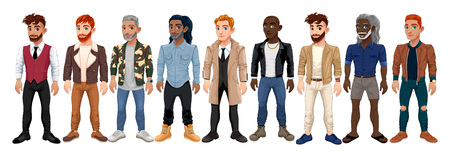Varied male fashion avatar. Vector cartoon characters with different clothes, shoes and hairstyles. They are all interchangeable.のイラスト素材