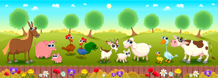 Family farm animals in the nature. Happy and funny isolated vector cartoon characters.のイラスト素材