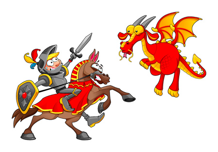Knight on horse fighting the dragon. Funny cartoon medieval fantasy isolated vector characters.のイラスト素材