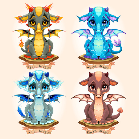 Collection of four natural element baby dragons, Fire, Water, Air and Earth. Cartoon vector illustration.のイラスト素材