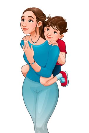 Mother with son on her back. Vector cartoon isolated charactersのイラスト素材