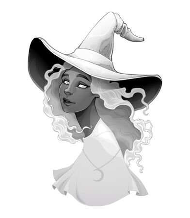 Portrait of a witch in gradients of gray. Vector halloween isolated character.