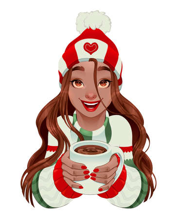 Christmas girl with hot chocolate in her hands. Vector isolated characterのイラスト素材