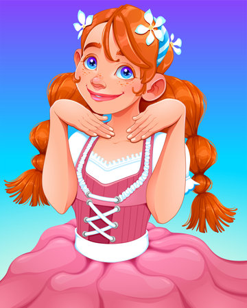 Smiling child with flowers in her hair. Vector cartoon illustration.のイラスト素材