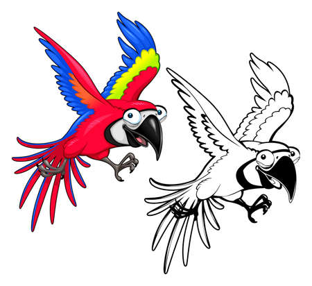 Funny parrot in both colored and black white versions. Vector cartoon isolated characters.のイラスト素材