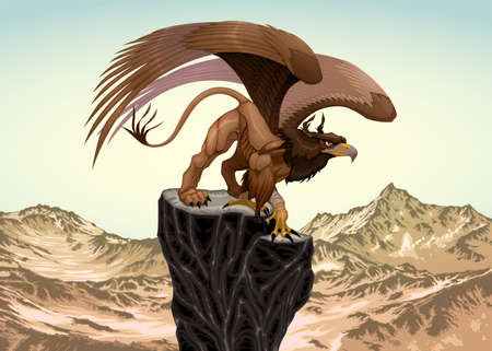 Gryphon, half eagle and half lion, gazes at the horizon over the mountains. Vector fantasy illustrationのイラスト素材