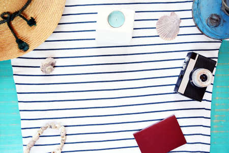 sea summer concept, top view, beach accessoriesの写真素材