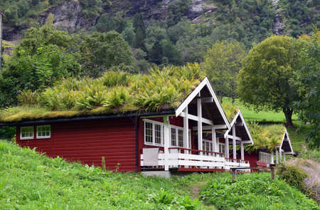 red wooden houses, Geiranger, Norwayの写真素材