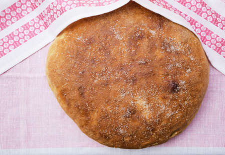 Homemade bread, top view. Loaf of rustic bread